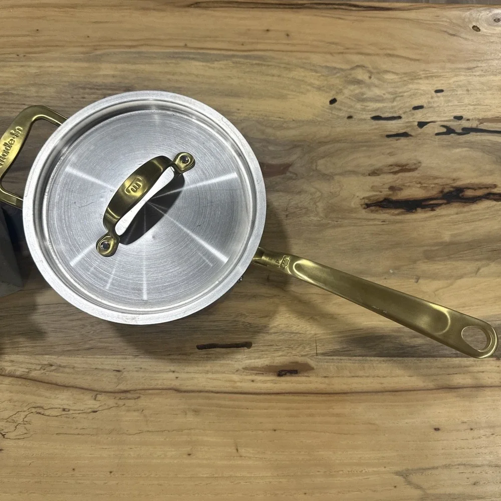 Made-In Cookware Italy 4 qt Stainless Saucepan‎ Gold Handle W/Lid NEW